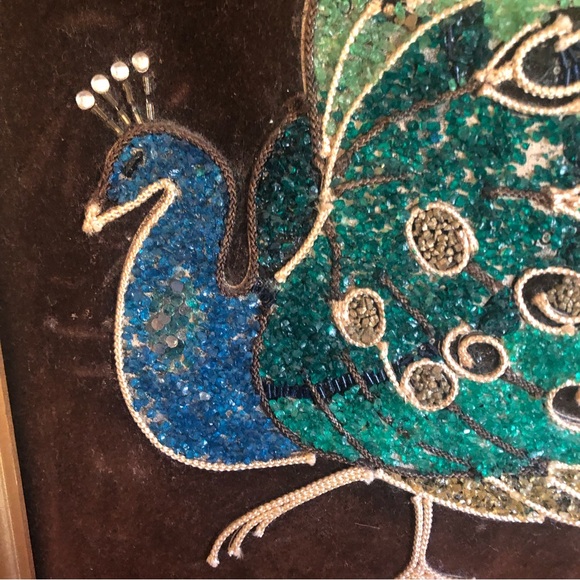 Vintage MCM Peacock on Brown Velvet Gravel Art - Picture 7 of 14
